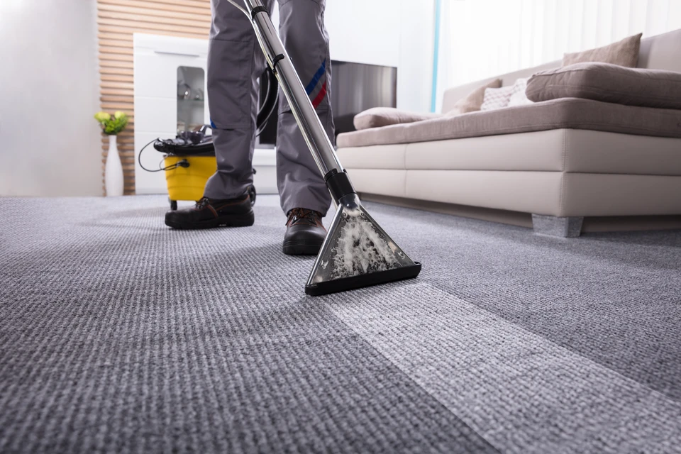 Technicien en tenue professionnelle grise effectue le nettoyage d'un tapis dans un salon moderne avec aspirateur à injection-extraction