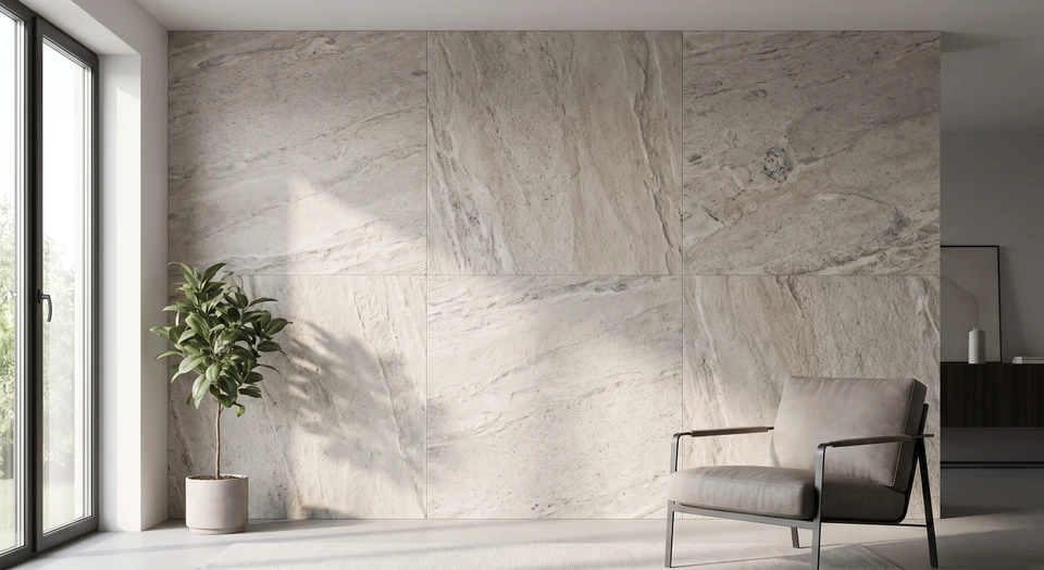Gros plan ou vue d'ensemble d'un mur intérieur moderne recouvert d'une feuille de pierre naturelle flexible beige ou grise, montrant clairement la texture authentique et l'effet minéral de la pierre naturelle appliquée sur la surface murale. La lumière naturelle met en évidence les nuances et la relief subtil du revêtement. L'environnement est contemporain et épuré, idéal pour démontrer la polyvalence décorative du produit.