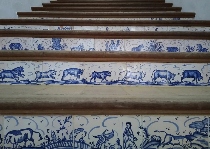 Escalier orné de carreaux de faïence portugais azulejos bleus et blancs, motifs animaliers bovins et scènes pastorales traditionnelles