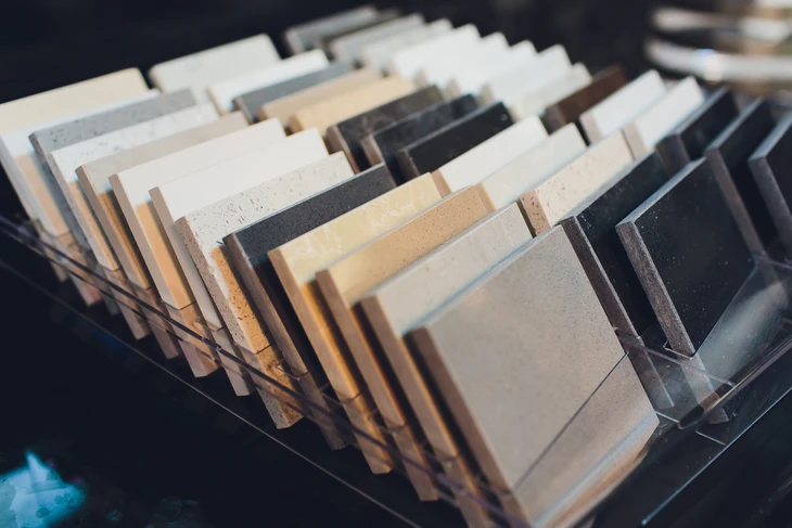 Intérieur d'un showroom de matériaux, présentoir métallique contenant des échantillons de revêtements organisés verticalement