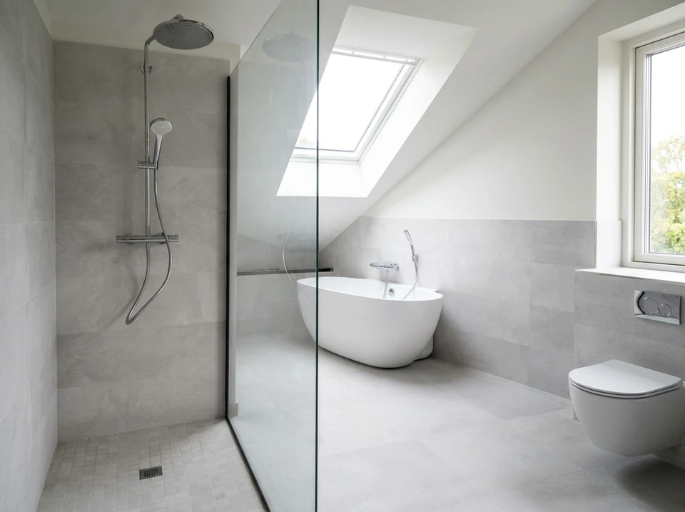 Intérieur d'un showroom de matériaux de construction avec échantillons de revêtements de sol et muraux exposés verticalement