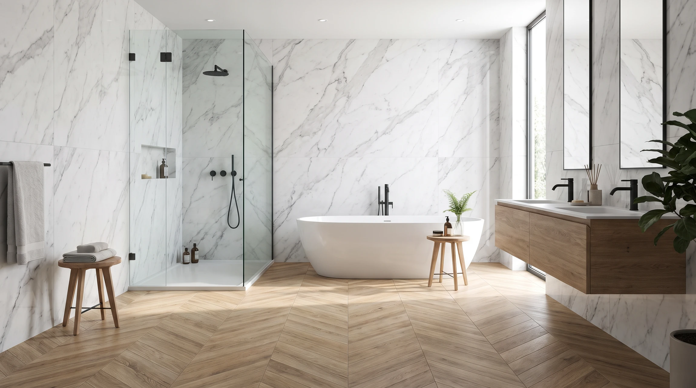 Salle de bain moderne avec vasque à poser en pierre naturelle granit gris, robinet mitigeur chromé col de cygne, sur tablette console murale en bois clair