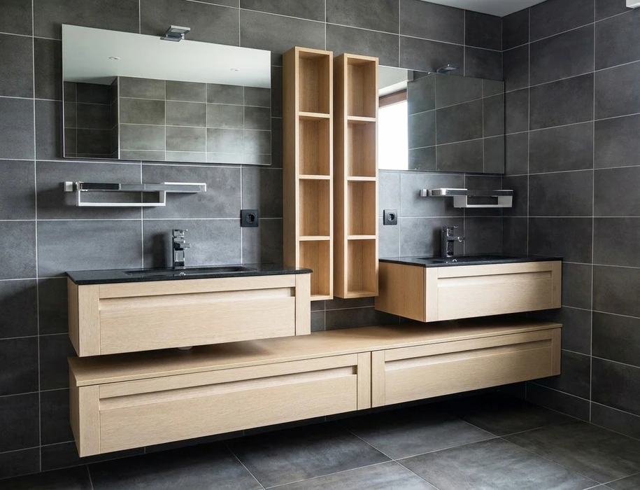 Salle de bain moderne et épurée avec double vasque à poser sur meuble suspendu en noyer, robinets mitigeurs hauts chromés