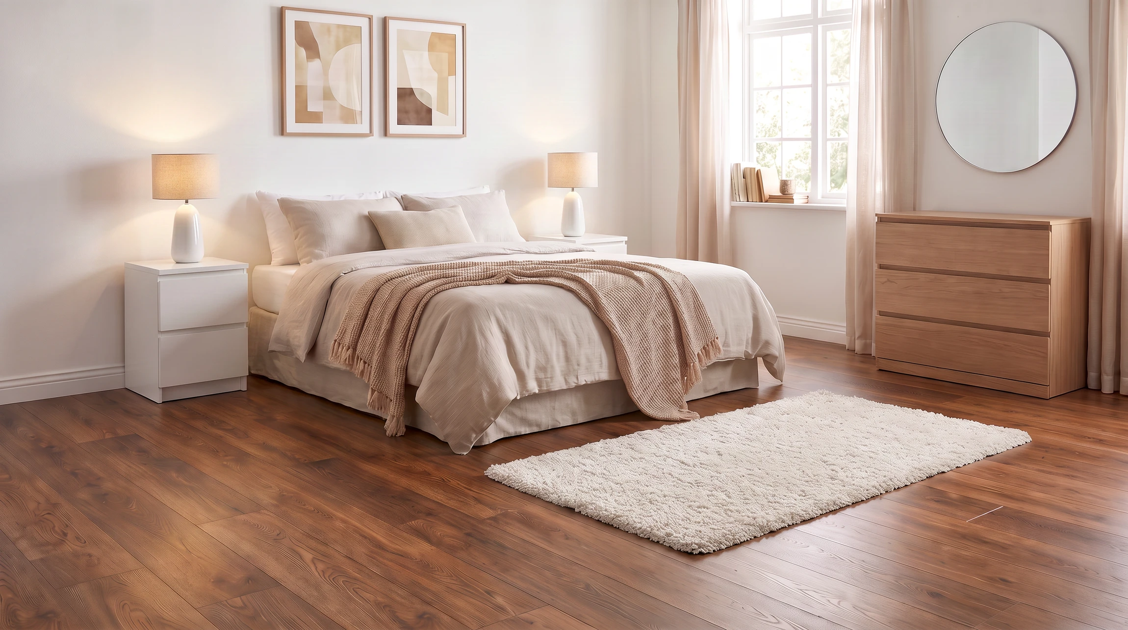 Craftsmen lay parquet flooring in a modern house